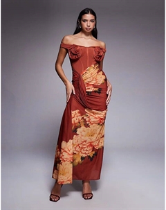 Платье макси с цветочным принтом, вырезом на груди и драпированной юбкой Asos design