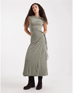 Платье миди с защипами на плечах и запахом на талии цвета хаки Asos design