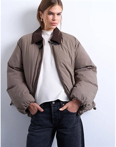 Нейлоновое полупальто с контрастным воротником из замши цвета хаки Topshop