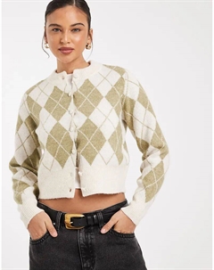 Укороченный вязаный кардиган цвета хаки с клетчатым принтом в виде ромбов Vero moda