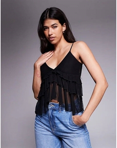 Топ с сетчатым принтом и оборкой спереди, черный Fashionkilla