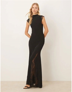 Платье макси с высоким воротом, короткими рукавами и кружевными вставками, черное Asos design