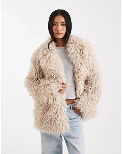 Шуба свободного кроя из искусственного монгольского меха цвета пахты Miss selfridge
