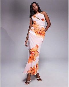 Платье миди на одно плечо с сетчатым лифом, завязками, разрезом и белым цветочным принтом Asos design