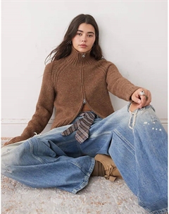 Кардиган из шерстяной смеси с пушистой вязкой на молнии, коричневый меланж Weekday