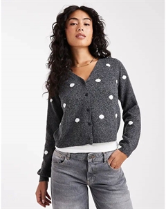 Мягкий укороченный кардиган в горошек темно-серого меланжевого цвета Vero moda