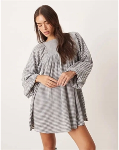 Мини-платье «бэби-долл» из букле с объемными рукавами в серую ломаную клетку Asos design