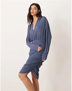 Мини-платье с воротником, рюшами и запахом, джинсово-синего цвета Asos design