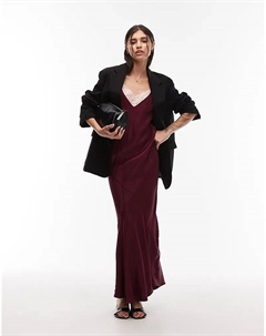 Платье макси с глубоким декольте и отделкой из атласа и кружева сливового цвета Asos design