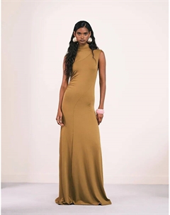 Платье макси с высоким воротом, драпировкой и швами горчичного цвета Asos design