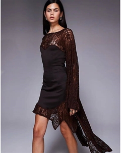 Коричневое мини-платье с кружевом, асимметричным подолом и поясом Asos design