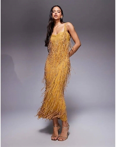 Платье миди с отделкой и прозрачной кружевной подкладкой горчичного цвета Asos design