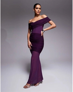 Эксклюзивное двухслойное облегающее платье макси с открытыми плечами и прозрачным сетчатым подолом в сливовом цвете Kaiia