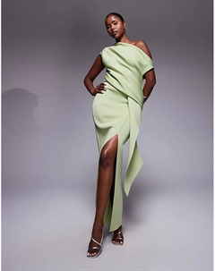 Платье миди со спущенными плечами и манипулированными складками, шалфейного цвета, из ткани в стиле «скуба» Asos design