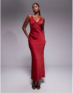 Платье макси из атласного шифона с прозрачным лифом и лифом на бретелях вишневого цвета Asos design