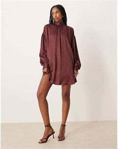 Атласное мини-платье-комбинация шоколадного цвета с высоким воротом и рукавами-блузоном Asos design