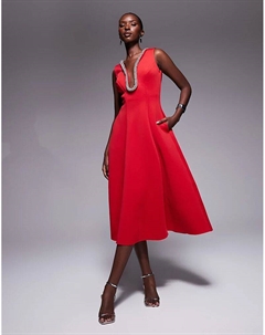 Платье миди Diamante с декорированным вырезом и трапециевидной отделкой красного цвета Goddiva