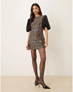 Мини-платье Cherie с жаккардовыми рукавами-фонариками и леопардовым принтом Sister jane