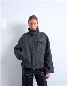 Куртка-бомбер из шерстяного флиса с декоративным язычком в антрацитовом цвете Topshop