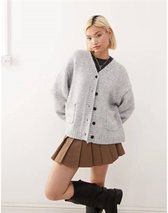 Кардиган свободного кроя с V-образным вырезом из смесовой шерсти серого меланжа Weekday