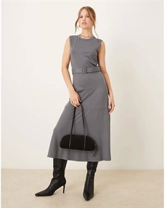 Платье миди из тонкого трикотажа с поясом серого цвета Mango