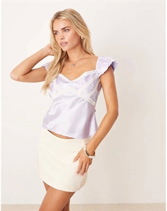 Топ-майка DESIGN Petite из атласа и кружева сиреневого цвета Asos