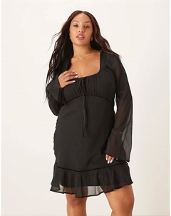 Мини-платье DESIGN Curve с длинными рукавами, сборками на груди и глубоким вырезом, черное Asos