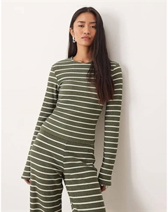Лонгслив с длинными рукавами, в рубчик, укороченная, в полоску цвета хаки Asos design