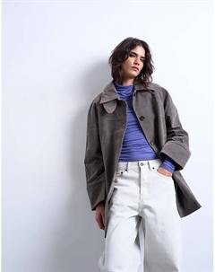 Короткое полупальто из искусственной замши с хлястиком на шее серого цвета Topshop