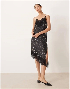 Платье мини из атласа с асимметричным лифом и кружевом с черным цветочным принтом Asos design