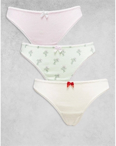 Комплект из 3 трусиков-стрингов с сердечками, принтом омелы и банта зеленого, кремового и розового цветов Asos design