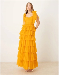 Платье макси из тюля с бантом на плече, кружевом и бисером, цвета ириски Lace & beads