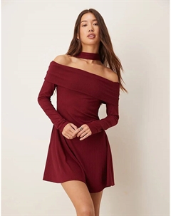 Мини-платье в рубчик с вырезом-бардо и шарфом бордового цвета Asos design