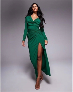 Платье макси с капюшоном спереди, декорированное и с разрезом на бедре, изумрудного цвета Tfnc