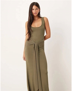 Платье макси цвета хаки с глубоким вырезом и завязкой спереди Asos design
