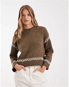 Джемпер с круглым вырезом и контрастными деталями светло-коричневого цвета. Only