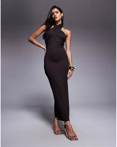 Платье миди с запахом спереди, халтером и открытой спиной шоколадного цвета Asos design