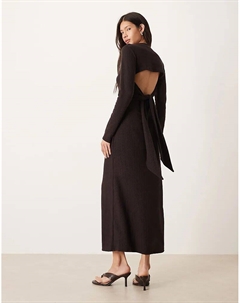 Платье макси с длинными рукавами, завязкой сзади и отделкой в ​​рубчик шоколадного цвета Asos design