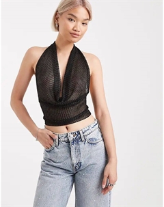 Блестящий трикотажный топ с воротником-хомутом и открытой спиной, черный цвет Edikted