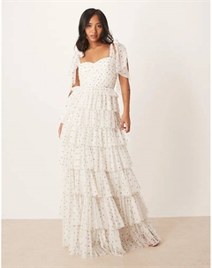 Платье макси из тюля с кружевом и бисером, миниатюрное, с бантом на плече, многоярусное, в белый горошек Lace & beads