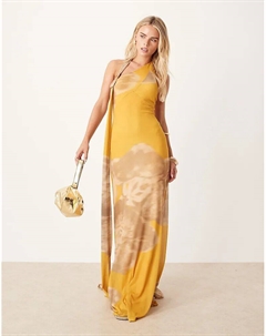 Платье макси с сетчатым принтом, драпировкой, воротником-шарфом и золотой фурнитурой, с желтым цветочным принтом Asos design