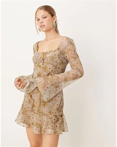 Мини-платье с длинными рукавами и присборенной грудью, с синим цветочным принтом Asos design