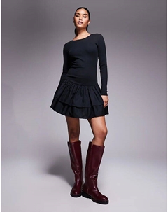 Мини-платье в рубчик с тканой юбкой черного цвета Asos design