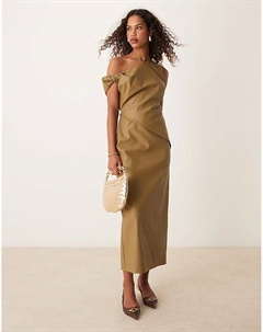 Платье миди из искусственной кожи со спущенными плечами и складками на талии оливкового цвета Asos design