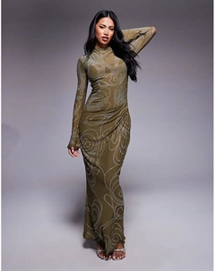 Платье макси с длинными рукавами, декорированной горячей отделкой и юбкой со сборками, темно-оливкового цвета Asos design