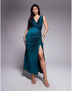 Платье макси из атласа с драпировкой и разрезом спереди, насыщенного бирюзового цвета Asos design