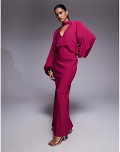 Платье макси с высоким воротом и рукавами-блузонами малинового цвета Asos design