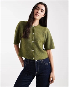 Мягкий трикотажный кардиган с короткими рукавами темно-зеленого цвета Pieces