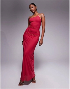 Длинное платье с асимметричным лифом, двумя бретелями, золотой отделкой и сборками из сетки красного цвета Asos design