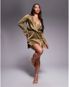 Мини-платье из атласа с косым кроем и драпировкой, с пуговицами, оливкового цвета Asos design